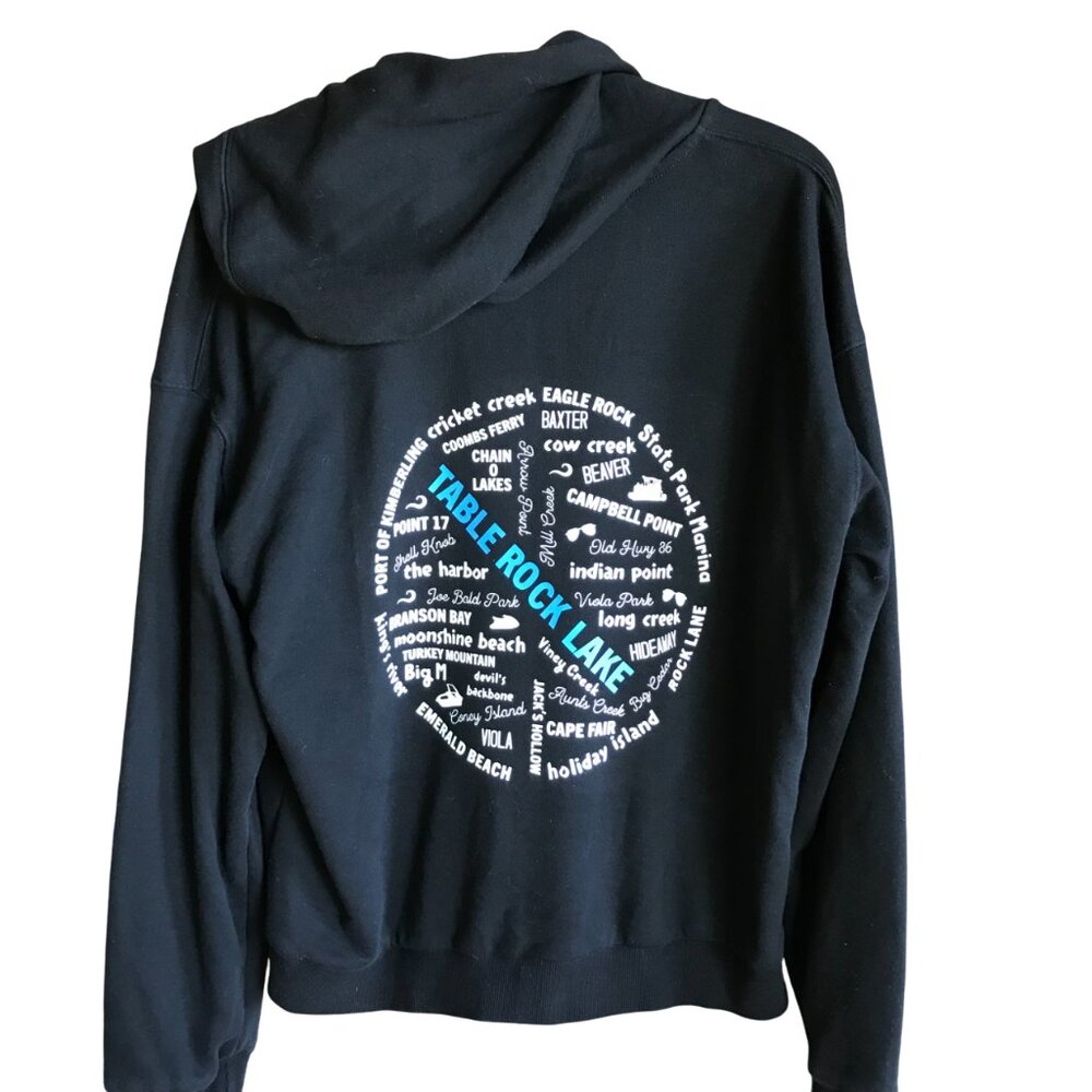 Upcycled Table Rock Lake Hoodie, TRL Landmarks Marinas Graphic Sweatshirt Sz L